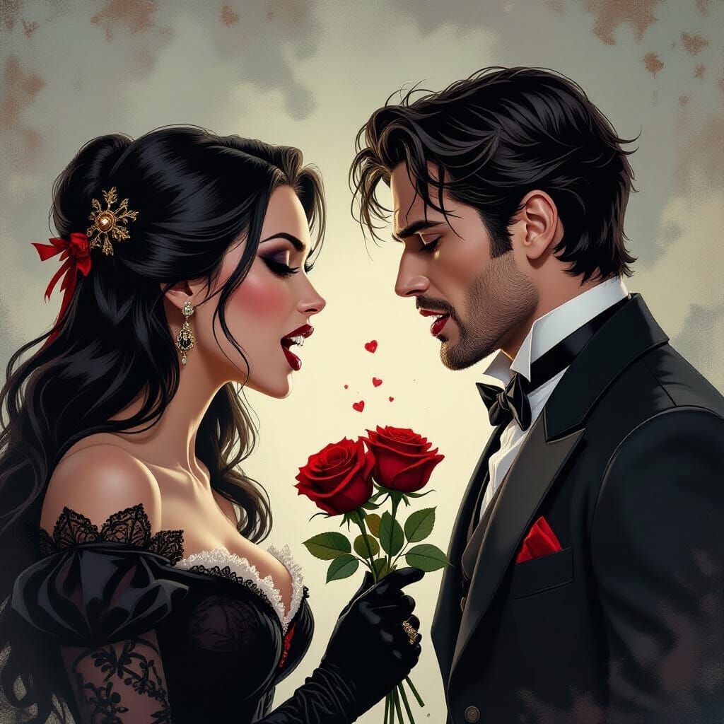 Gothic Vampire Woman and Terrified Gentleman in Steampunk Se...