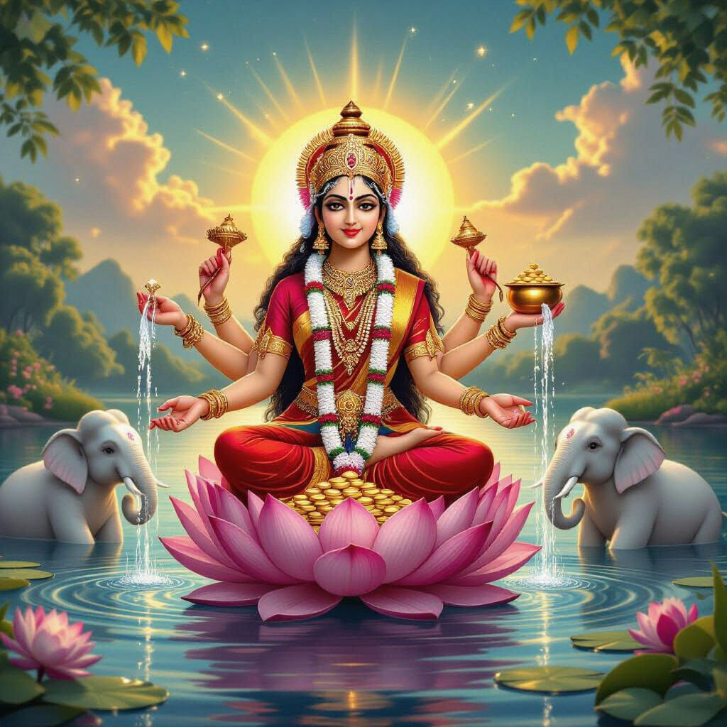 Radiant Goddess Varalakshmi on Lotus Blossom in Astral Illus...
