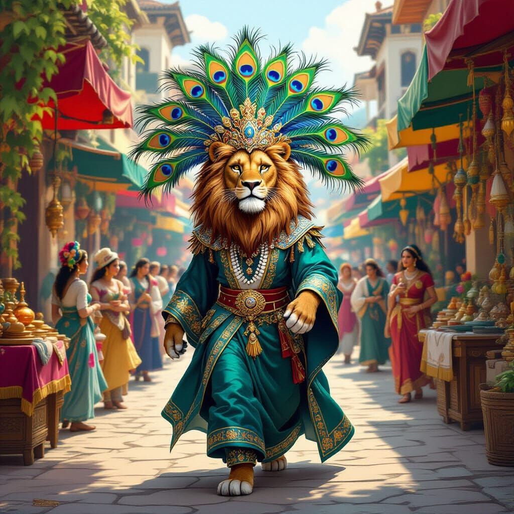 Regal Lion in Disguise at Bustling Marketplace