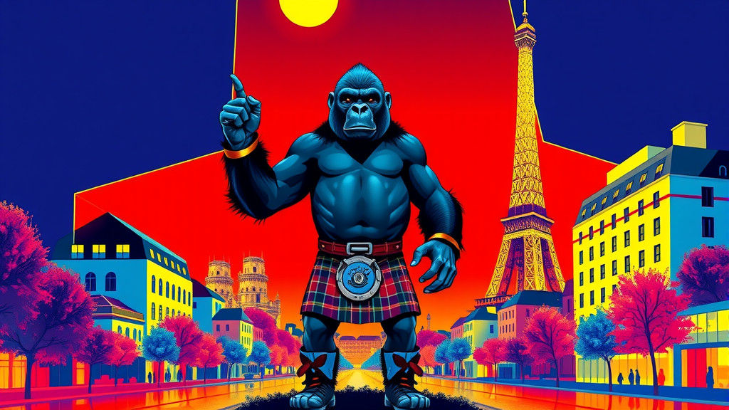 Kilt-Wearing Gorilla in Paris: Pop Art Digital Illustration