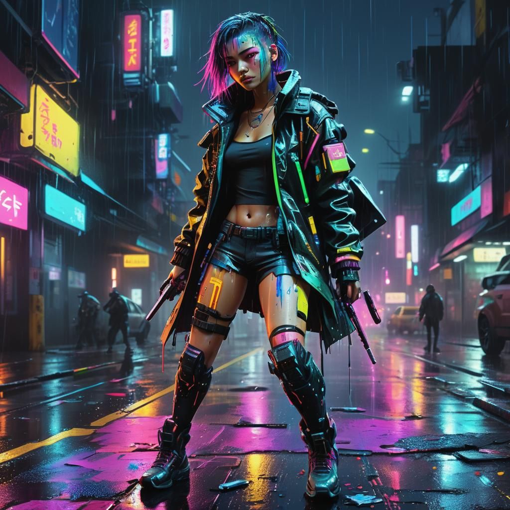 Cyberpunk Female V in Rainy Street Shootout