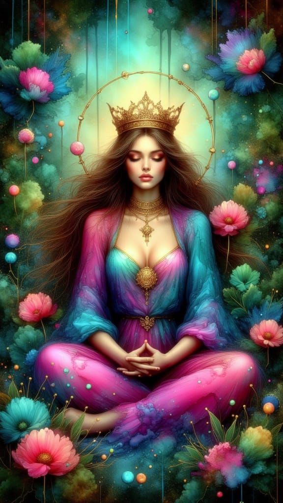 Queen of Pentacles in Neon Grunge Style