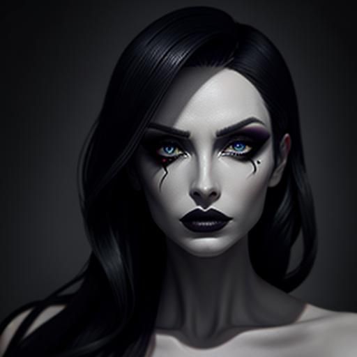 dramatic, sunken eyes with dark shadows and sharp contours.