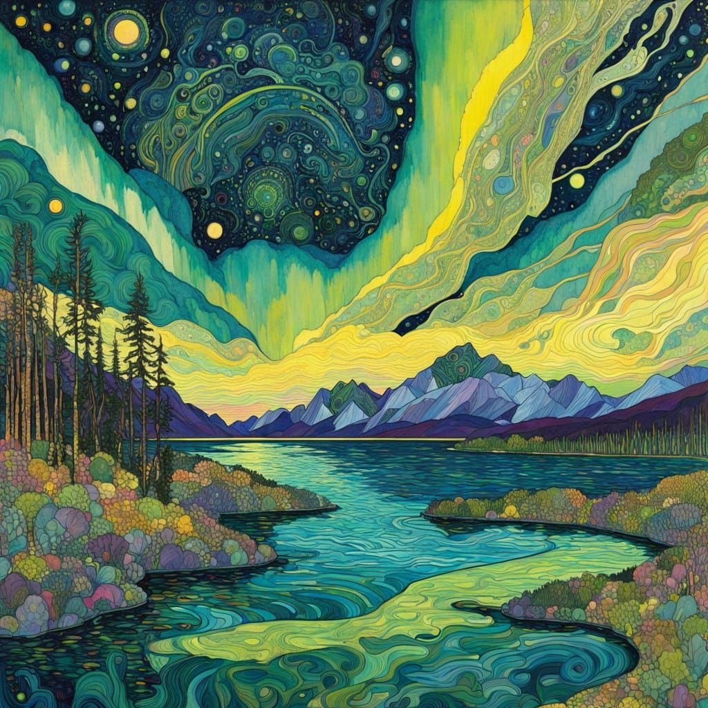 Neon Aurora Borealis Over Arctic Lake in Ink and Watercolour