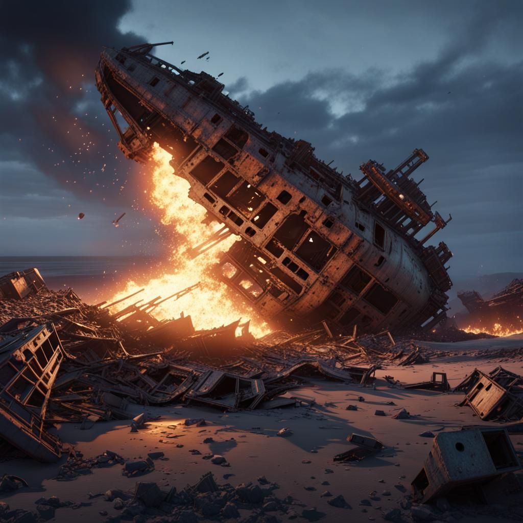 Starship wreck, flaming, half buried, scattered debris, highly detailed, early morning twilight, cgi quality, cinematic ...