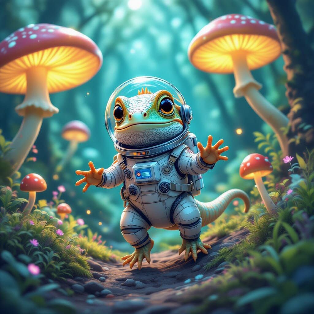 Whimsical Iguana in Spacesuit Among Alien Mushrooms