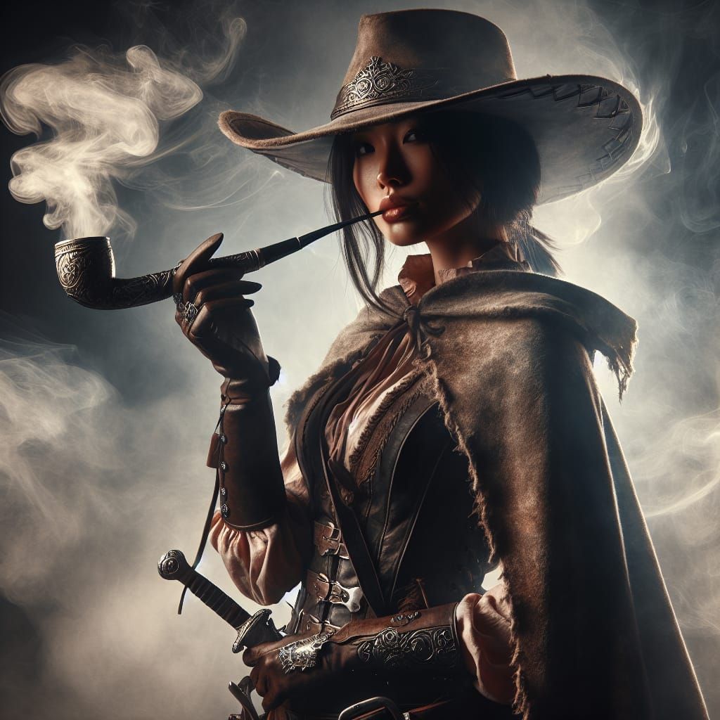 Asian Assassin Cowgirl with Ornate Pipe