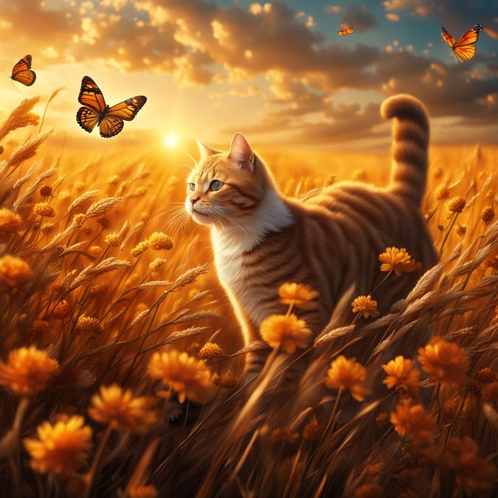 Ginger Cat Reaching for Butterfly in Amber Field