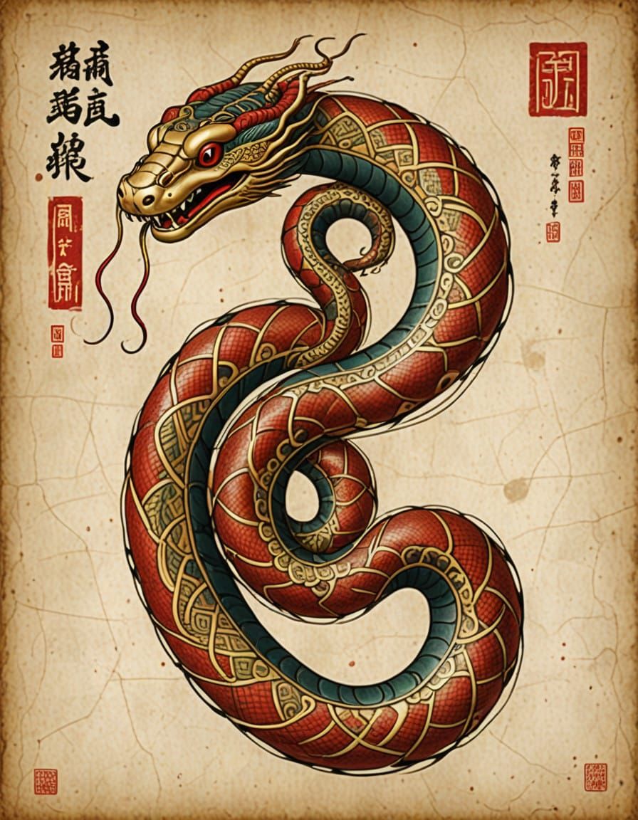 Coiled Snake on Ancient Chinese Parchment