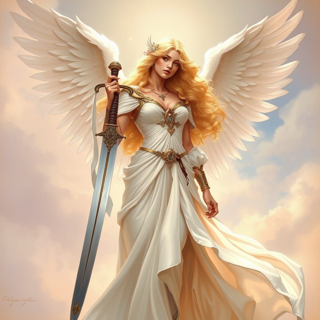 Blonde Angel Queen with Sword in Fantasy Style