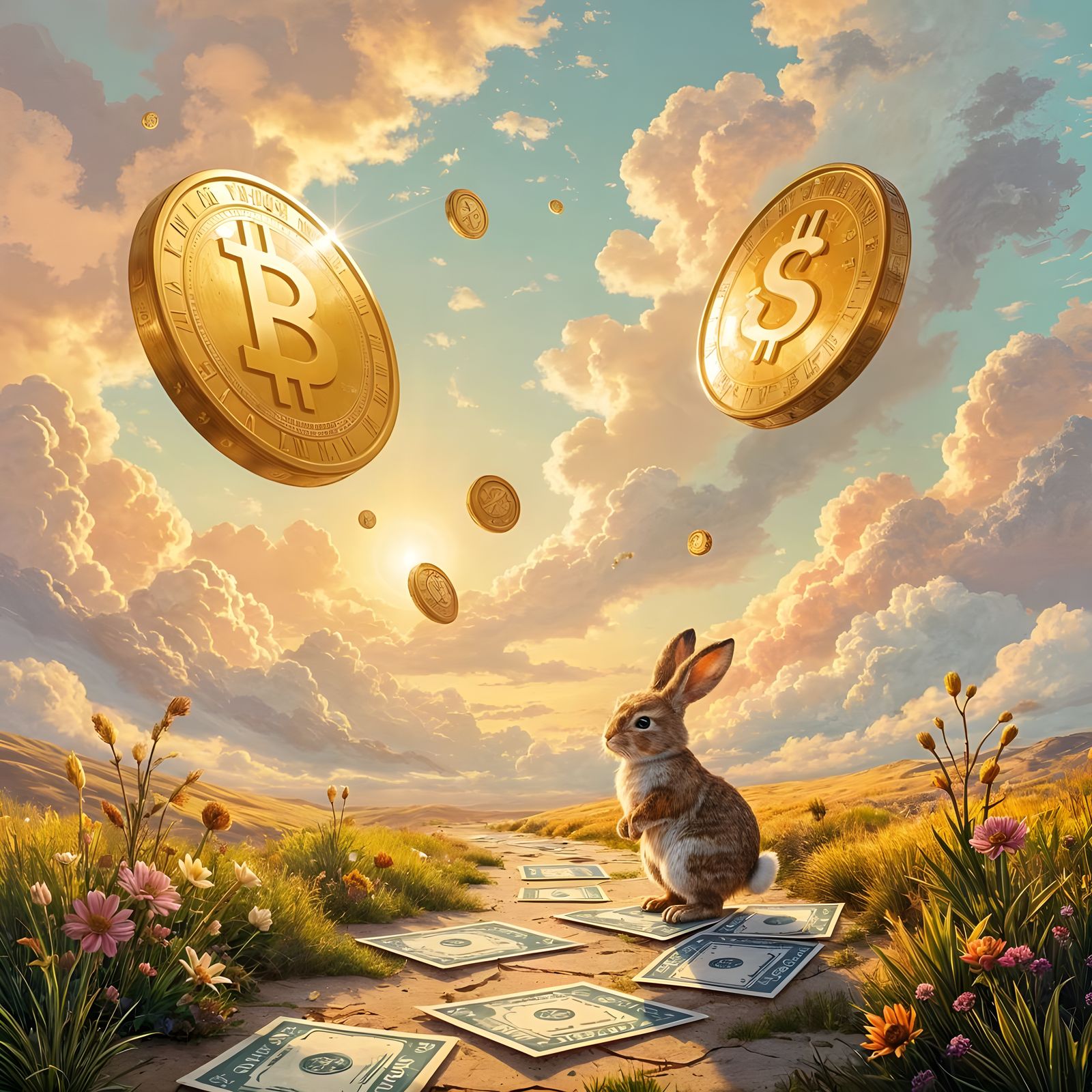Surreal Landscape with Floating Coins and Steampunk Rabbit
