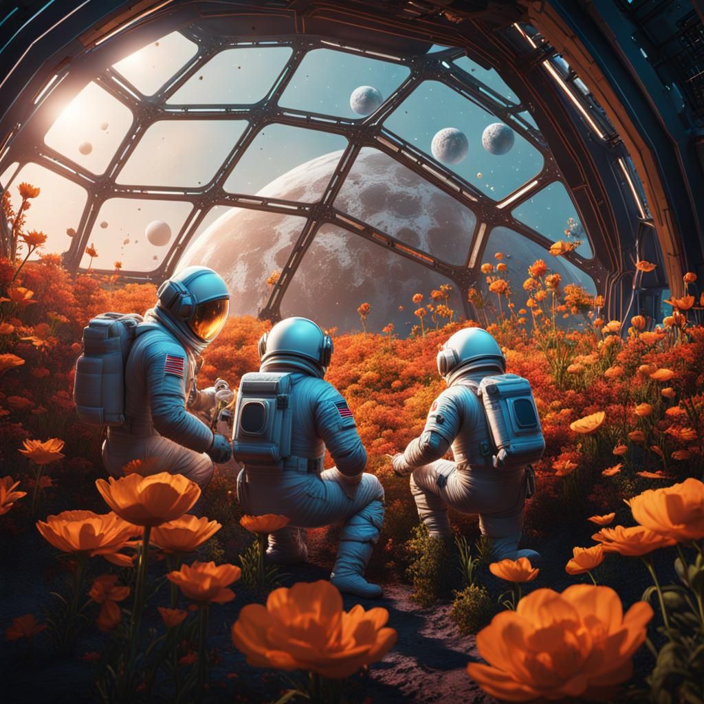 Astronauts Tend Lunar Flowers in Geodesic Dome