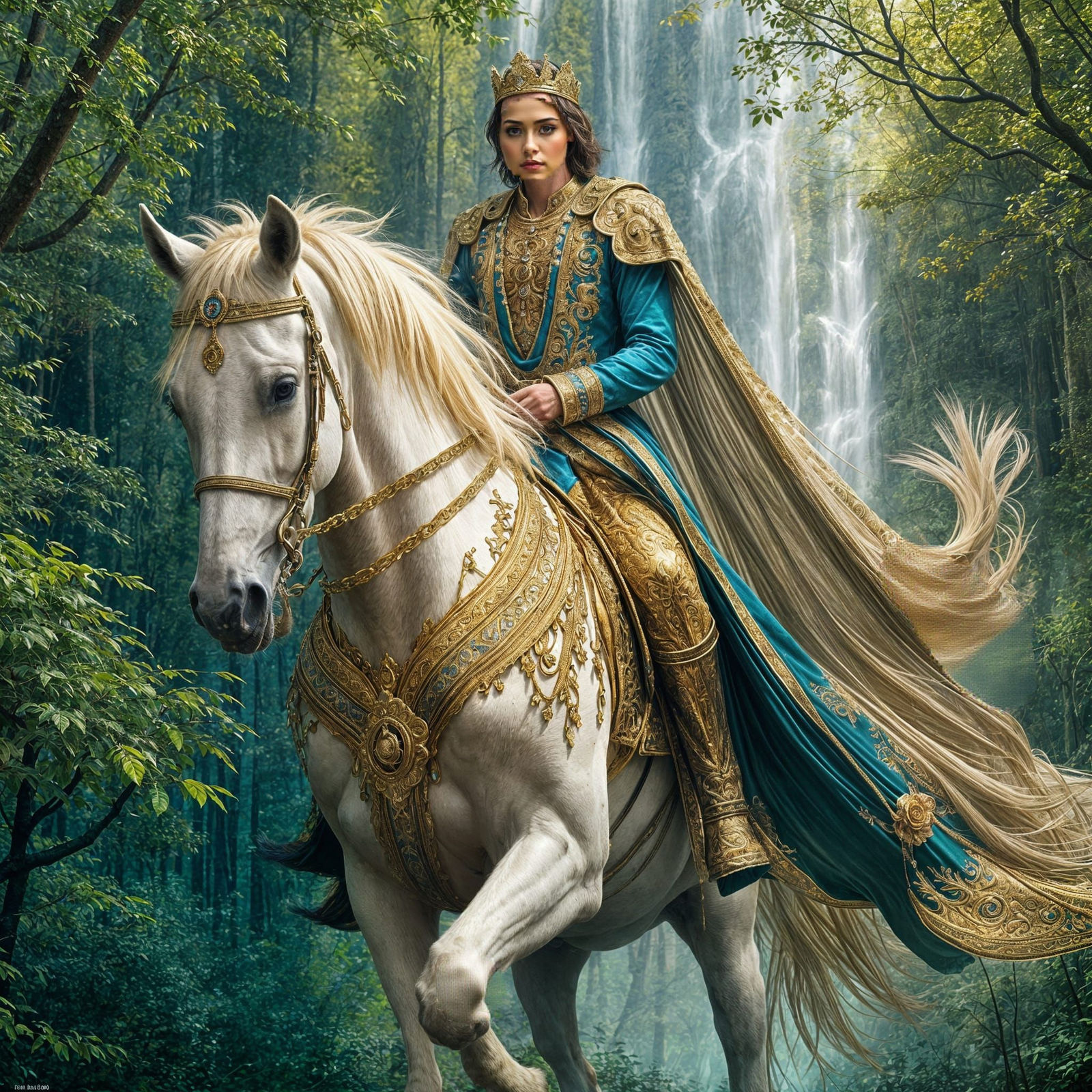 King on Decorated Arabian Stallion in Forest