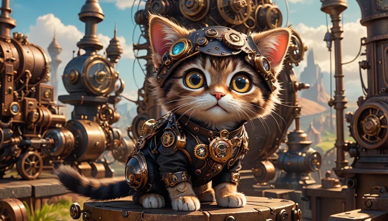 Steampunk Kitten with Clockwork Background