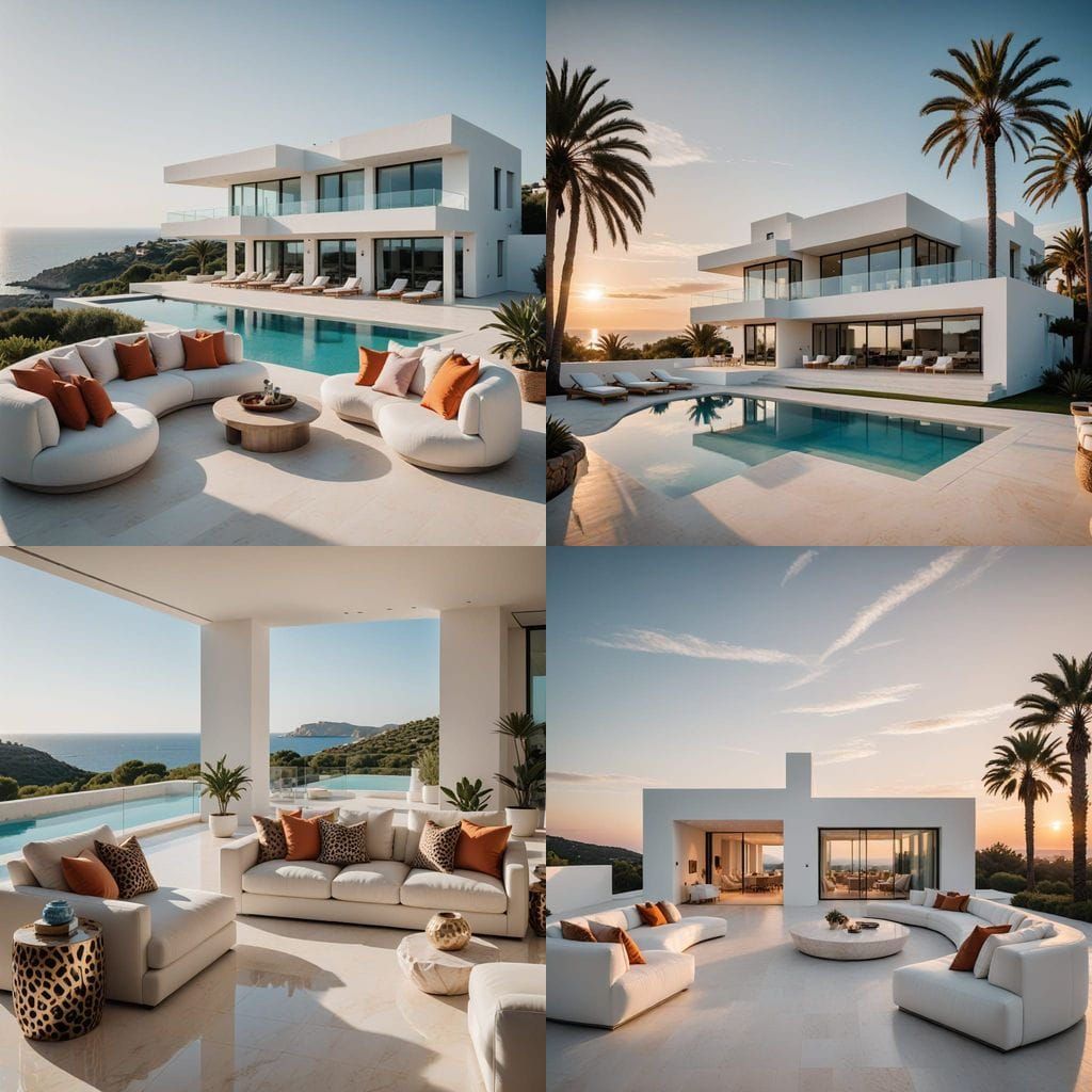 Luxury White Villa in Ibiza at Sunset: Photorealistic View