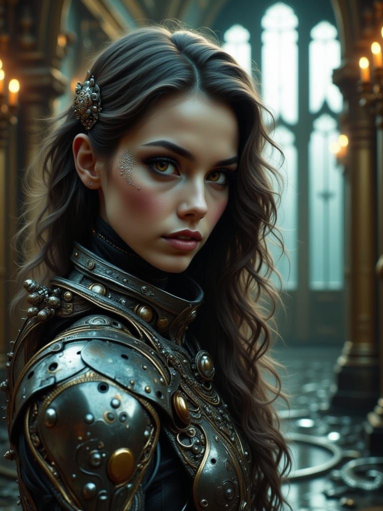 Cyberpunk Woman in Haunted Mansion, Photorealistic Style