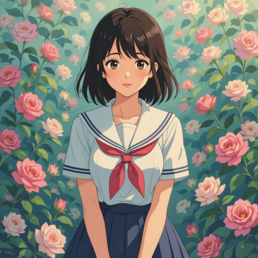 Eerie Schoolgirl in Anime Style with Pastel Colors