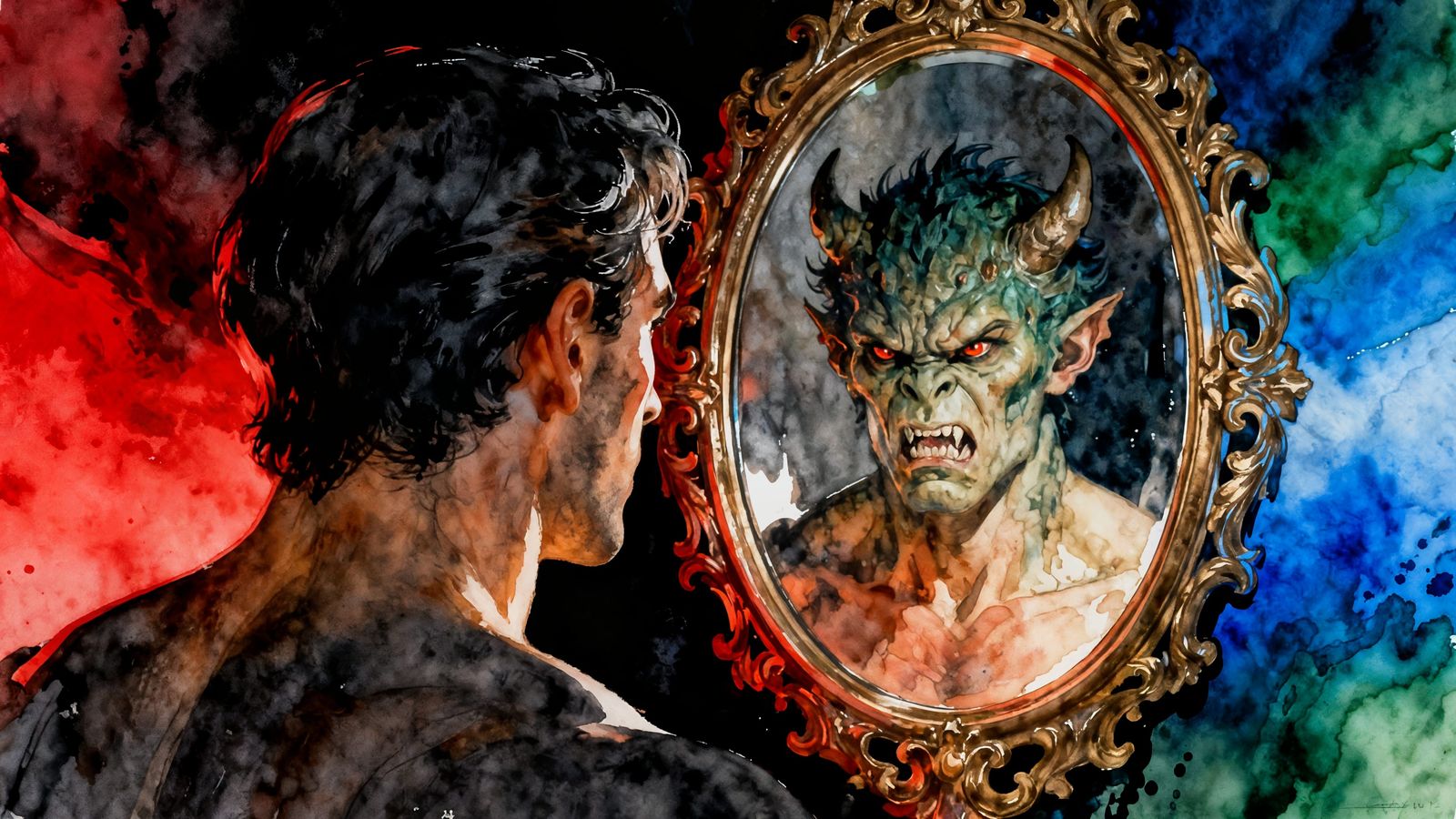 Man Sees Monster Reflection in Mirror