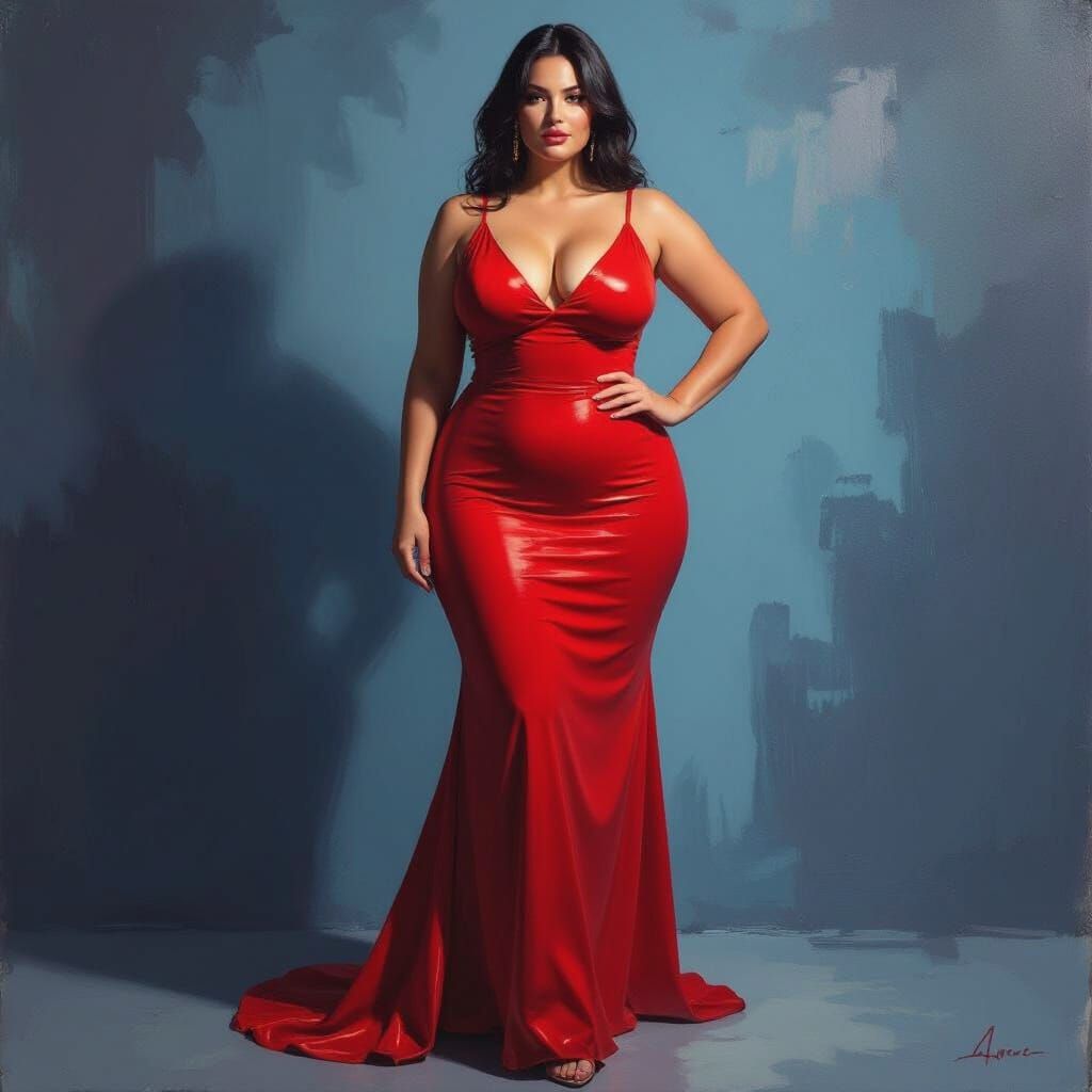 Confident Woman in Red Bodycon Dress Under Dramatic Lighting