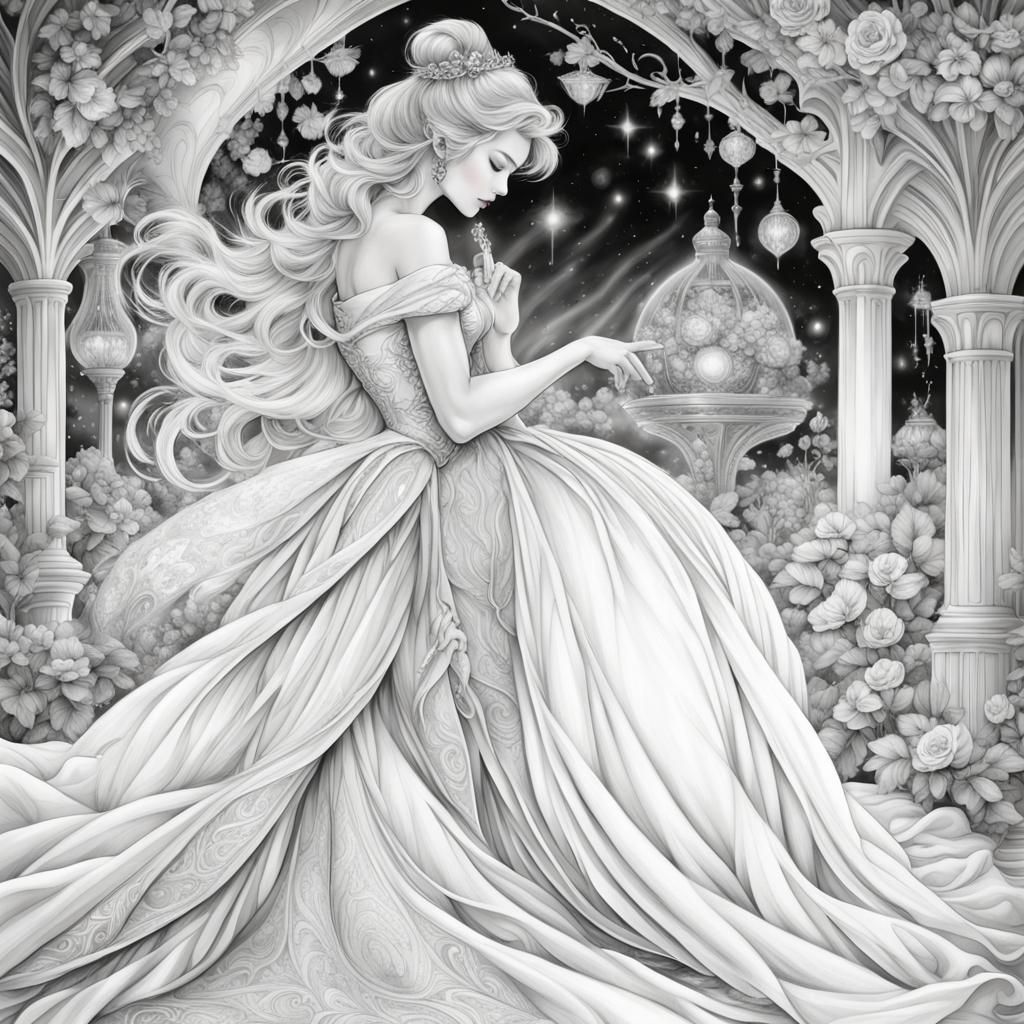 Cinderella and Prince Kissing: Coloring Book Page