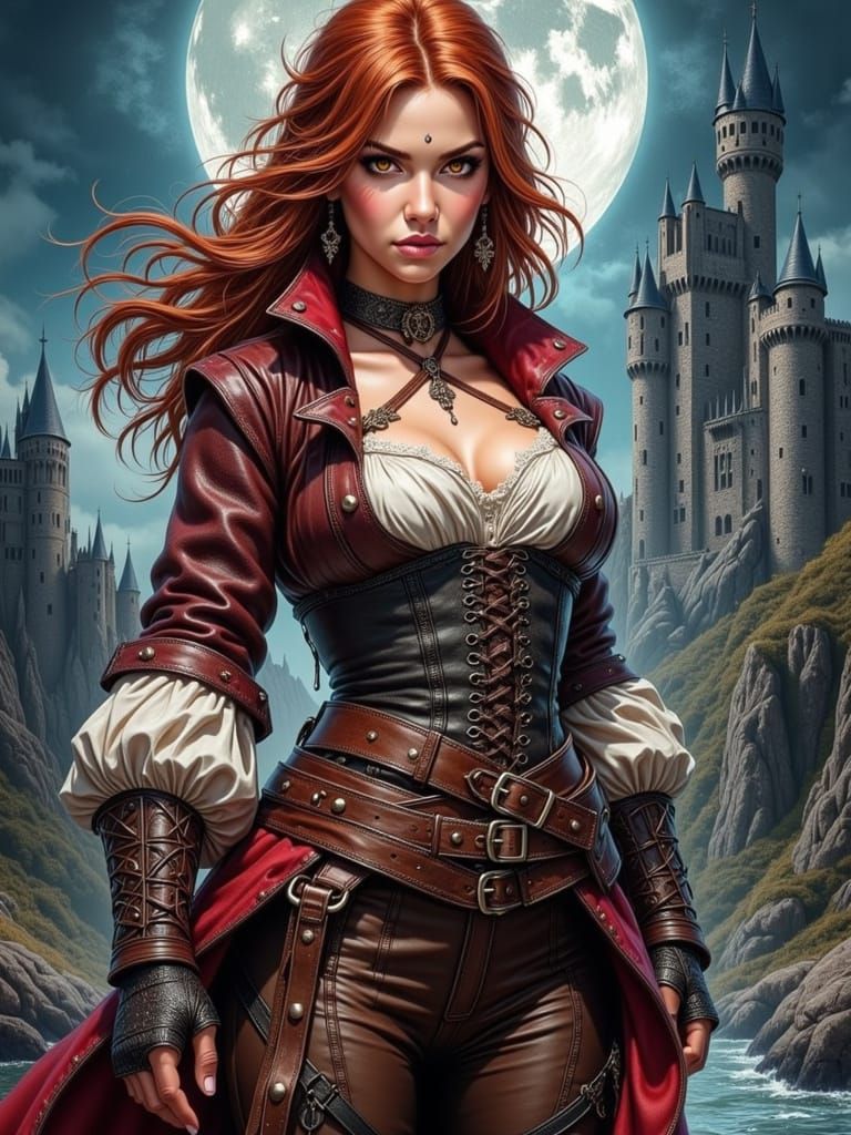 Dark Pirate Vampire Goddess Before Ruined Castle