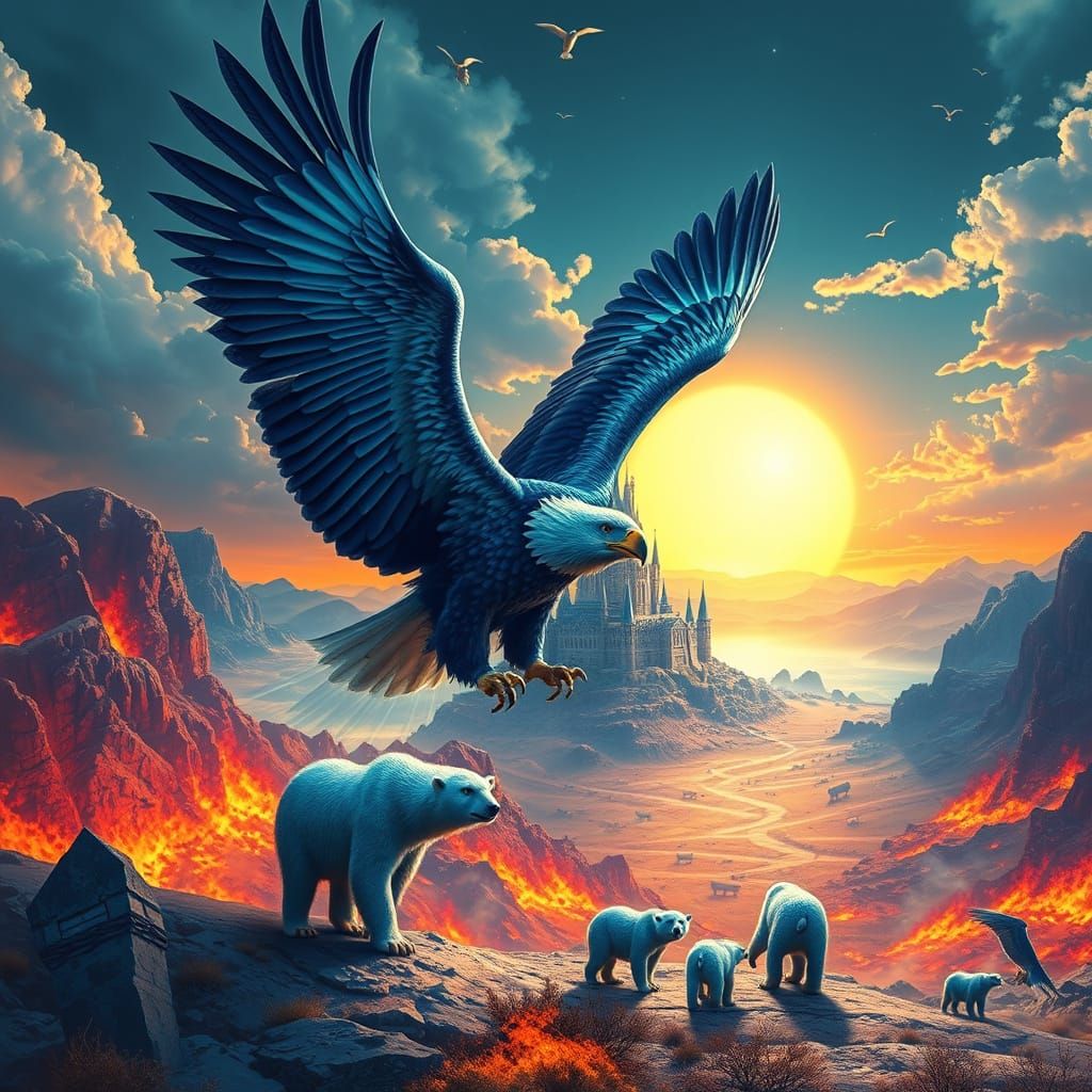 Majestic Blue Eagle Over Burning Earth Landscape