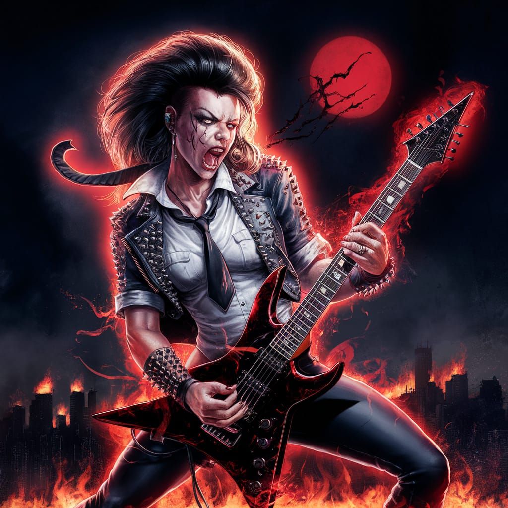 Dynamic Female Rocker Illustration in Cyberpunk Style