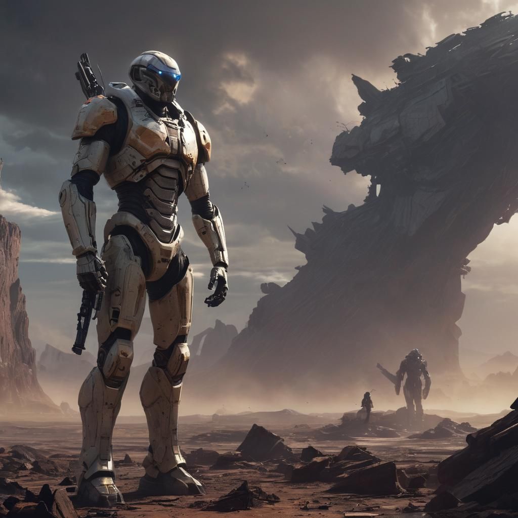 Victorious Guardian in Sci-Fi Alien Landscape