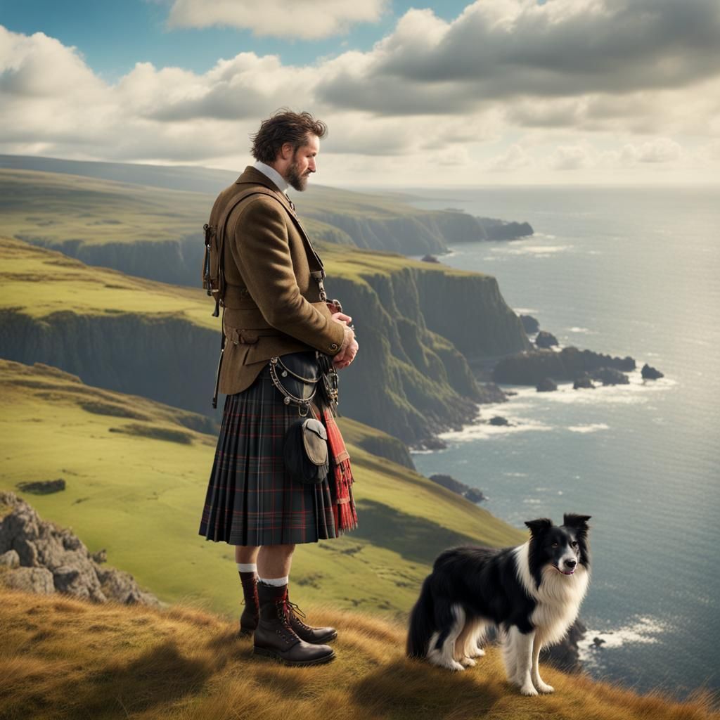 A scottish man wearing a kilt standing on the cliffs, a bord...