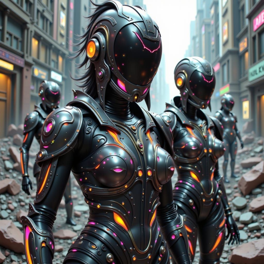 Neon Warriors Guard a Ruined Cyberpunk City