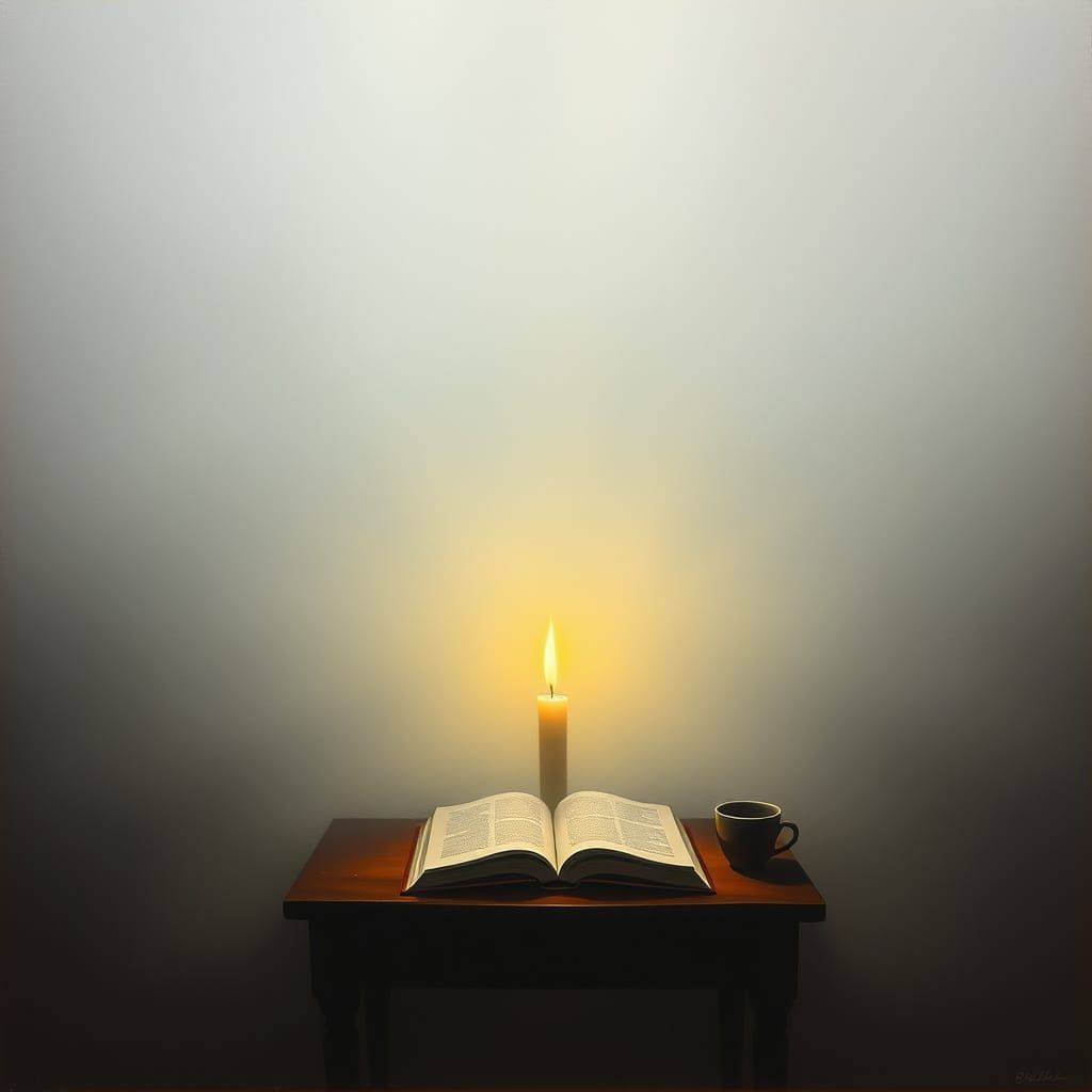 Symbolic Candle Burning in Fog: A Mysterious Painting