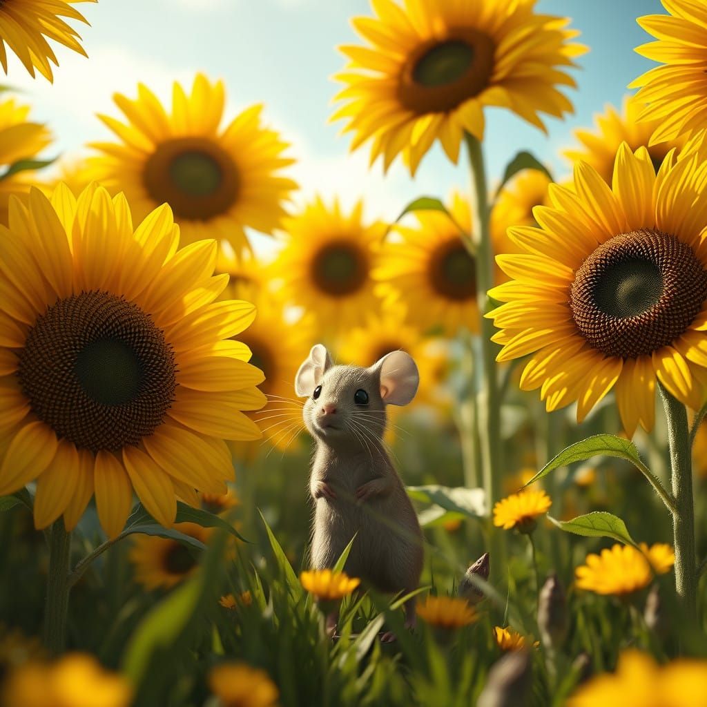 Whimsical Mouse Amidst Sunflowers in a Vibrant Meadow