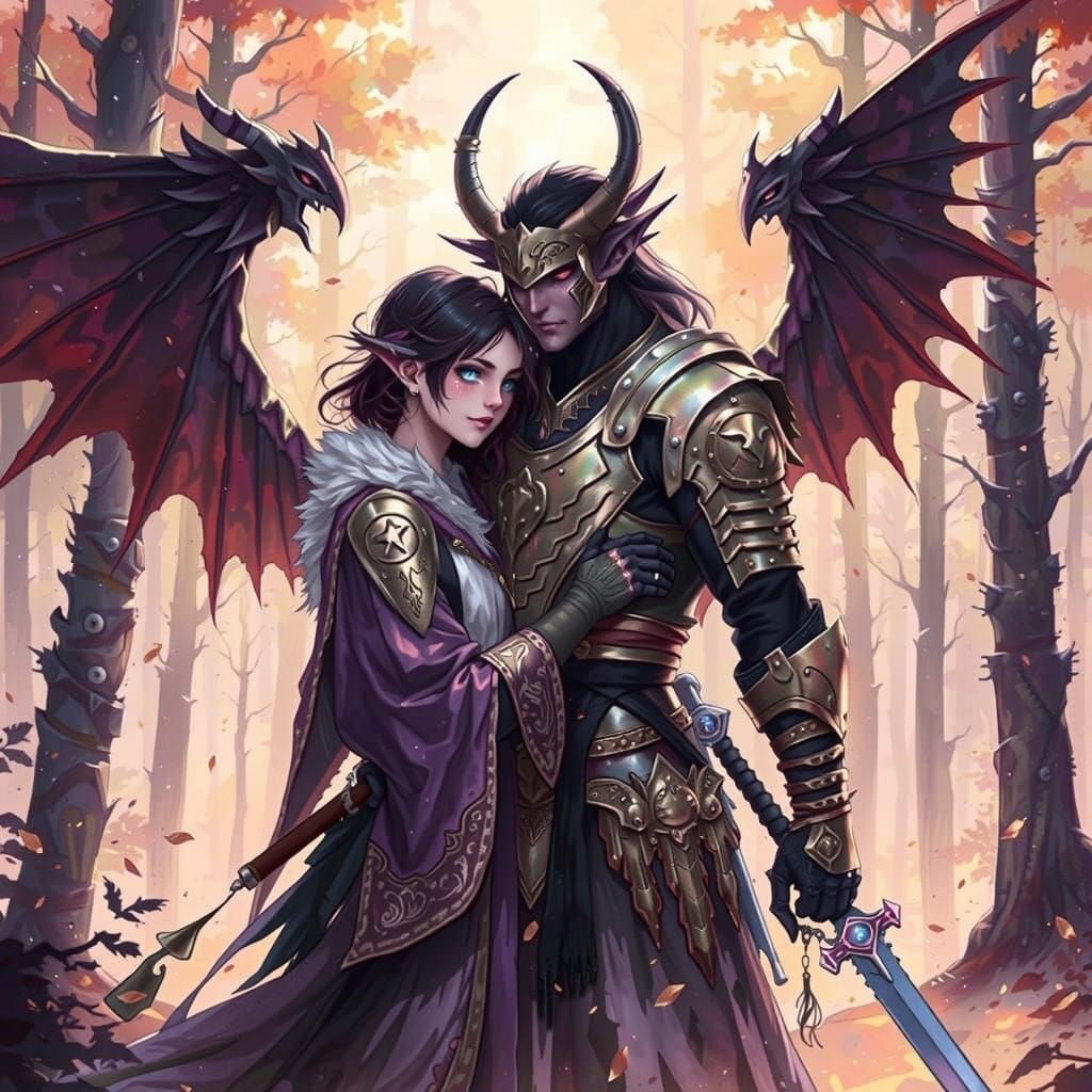 Tender Demon Girl Embracing Weary Warrior in Mystical Forest