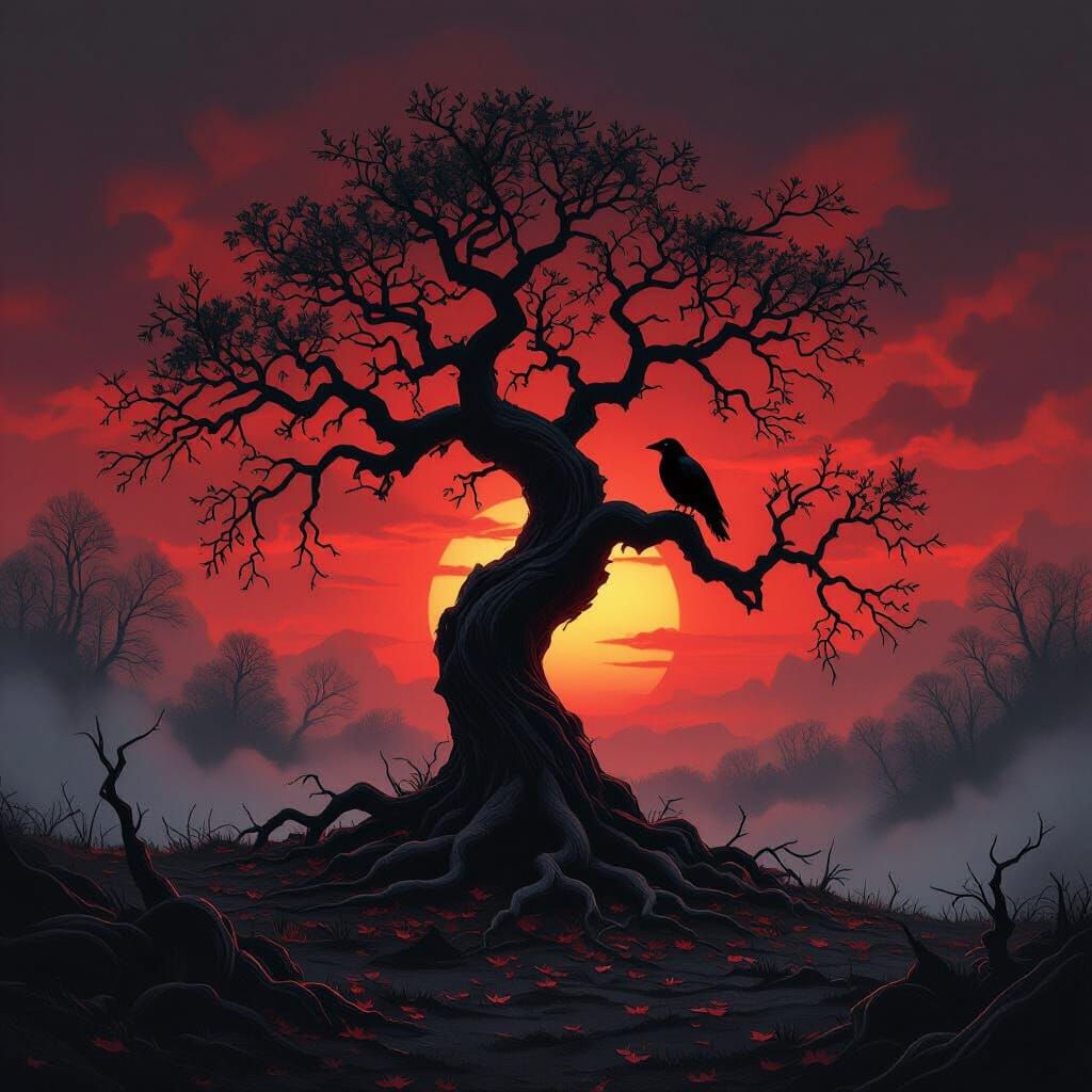 Ancient Tree Silhouette at Sunset in Dark Fantasy Style