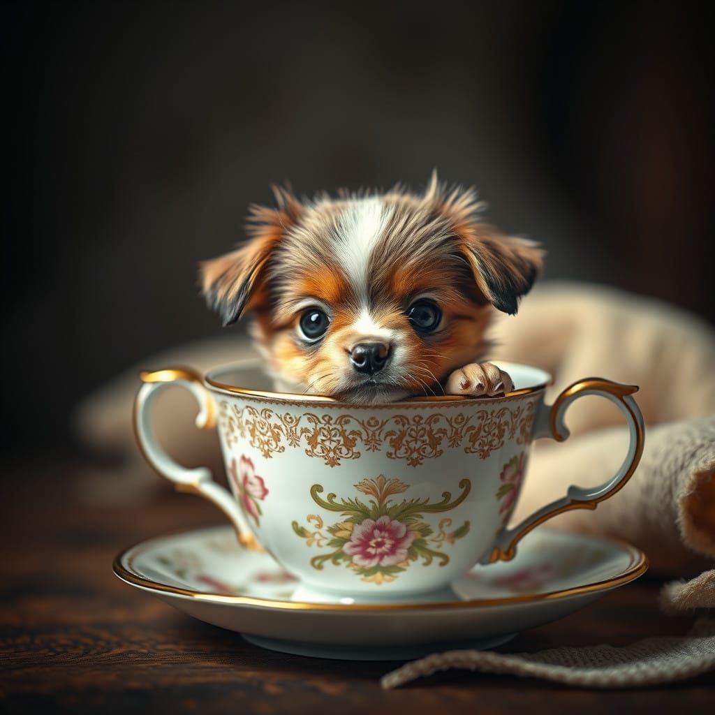 Whimsical Puppy Teacup Scene in Hyperrealistic Style