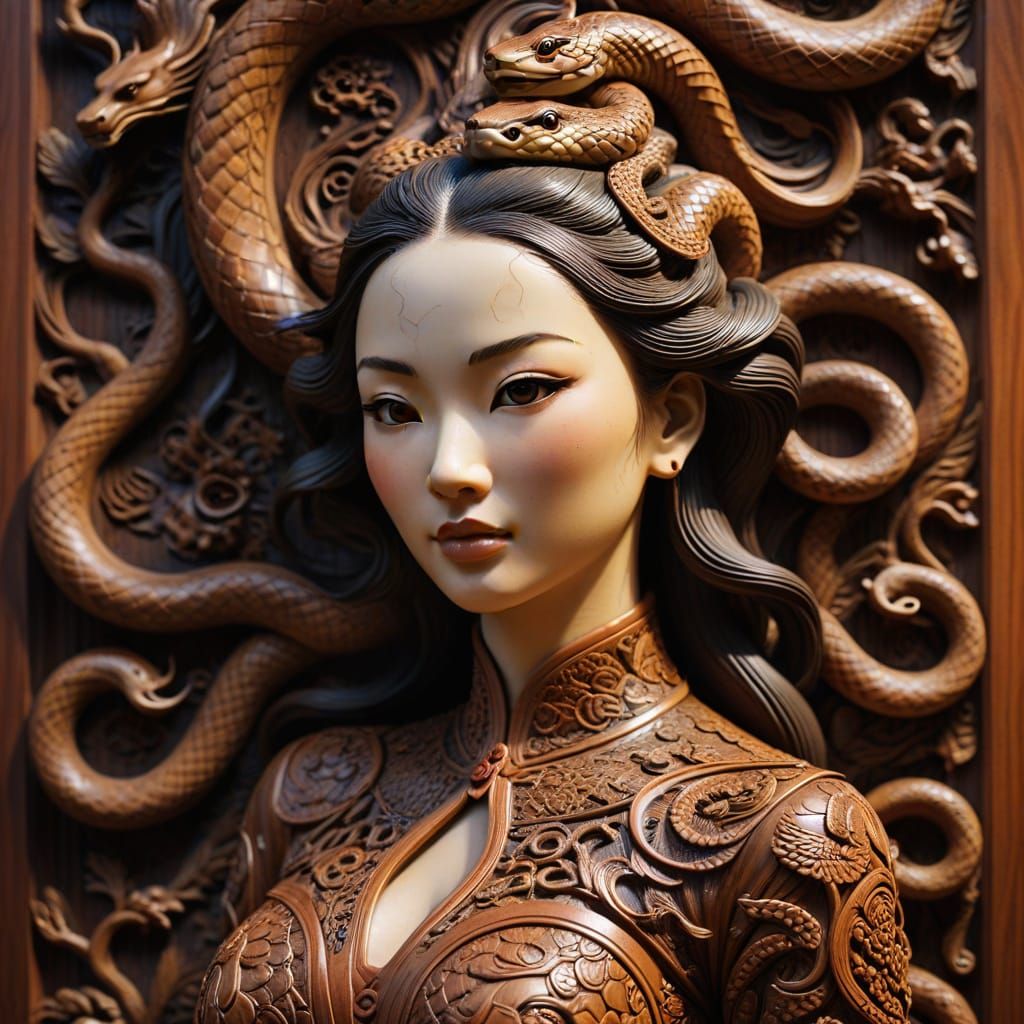 Intricate Wood Carving of Lady Snake Bai in Dongyang Style