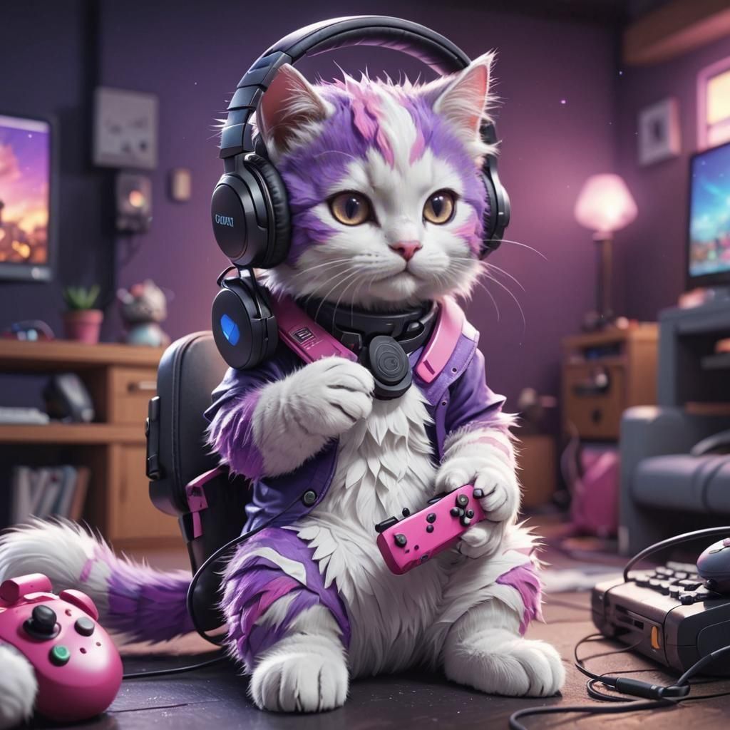 Cute Fluffy Kitten Playing Nintendo in Cartoon Style