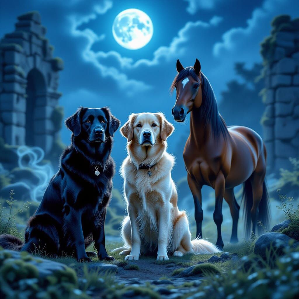 Majestic Dogs and Horse in Enchanted Moonlit Ruins