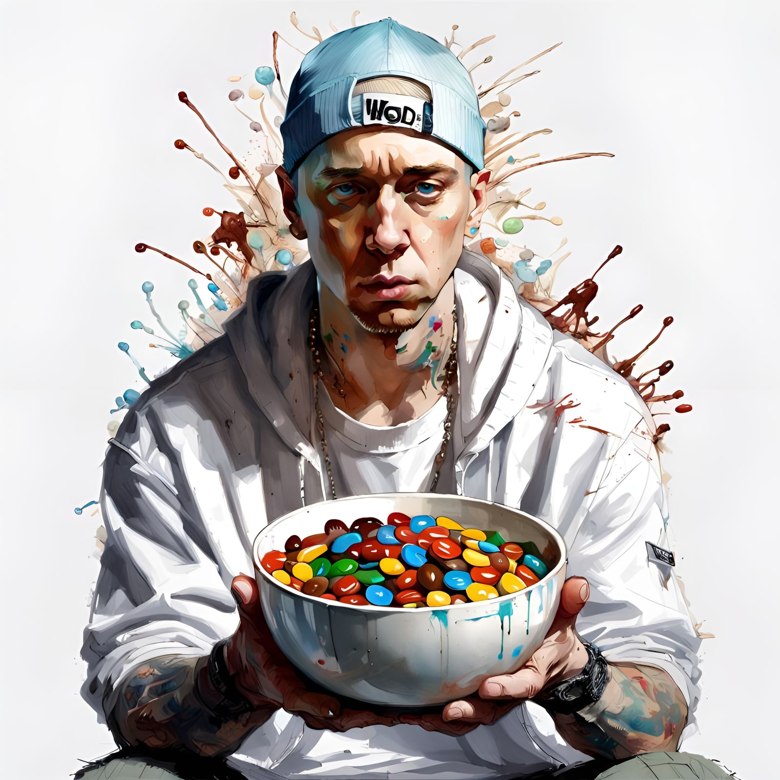 Happy Man Holding M&Ms: Detailed Digital Art