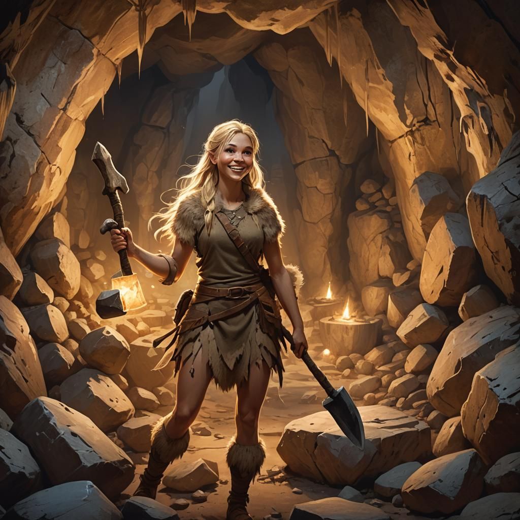 Blonde Cave Girl Concept Art in Prehistoric Cave