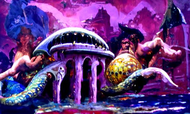 Underwater City with Poseidon Statue in Fantasy Style
