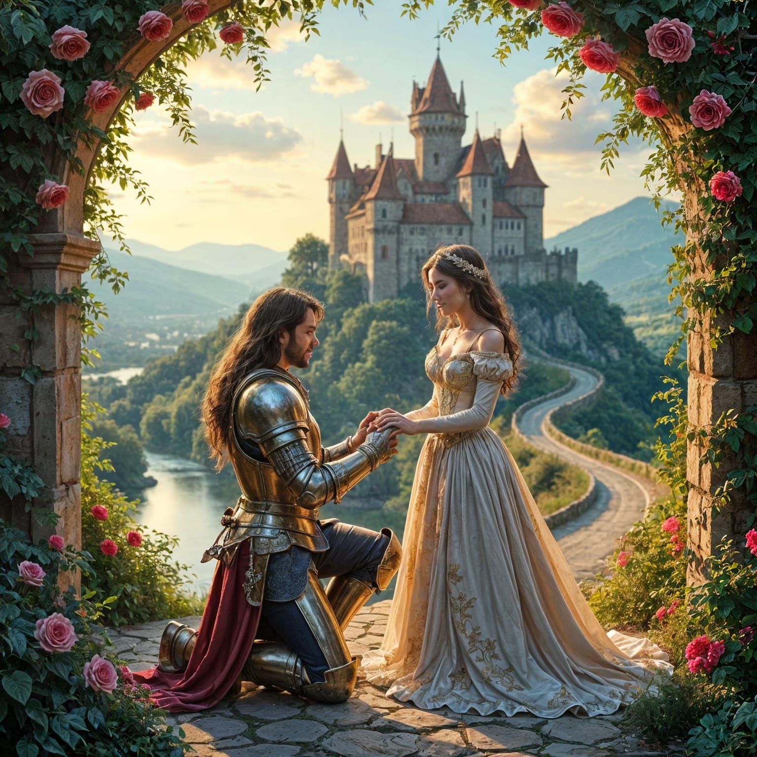 Medieval Knight Proposes to Princess in Flowery Portal