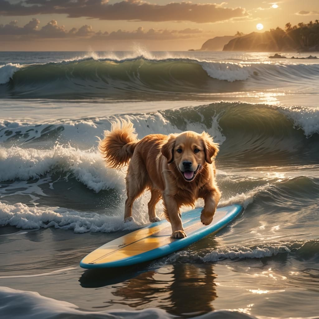 Golden Retriever Puppy Surfing at Sunset: Hyperrealistic Dig...