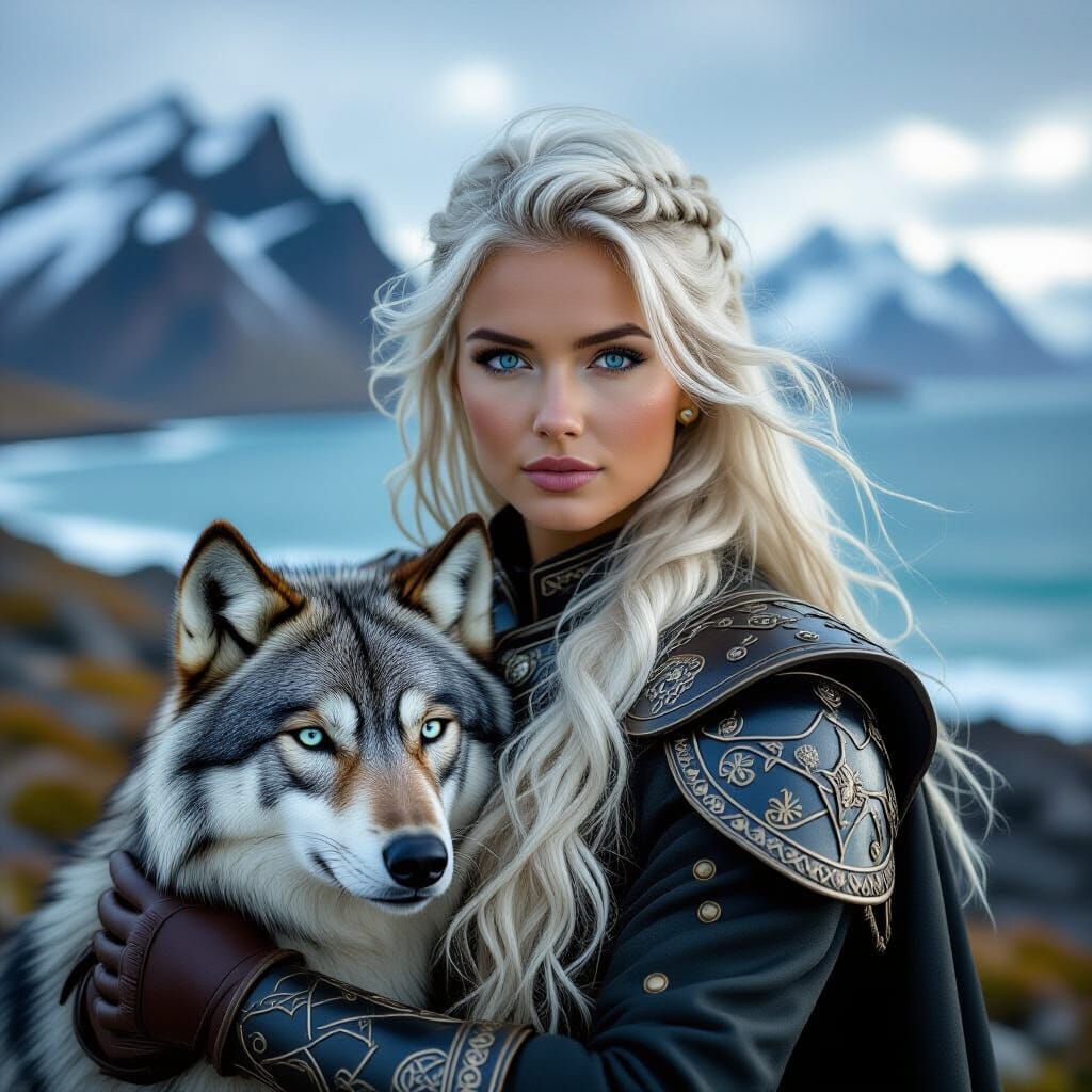 Viking Woman with Wolf in Dramatic Landscape