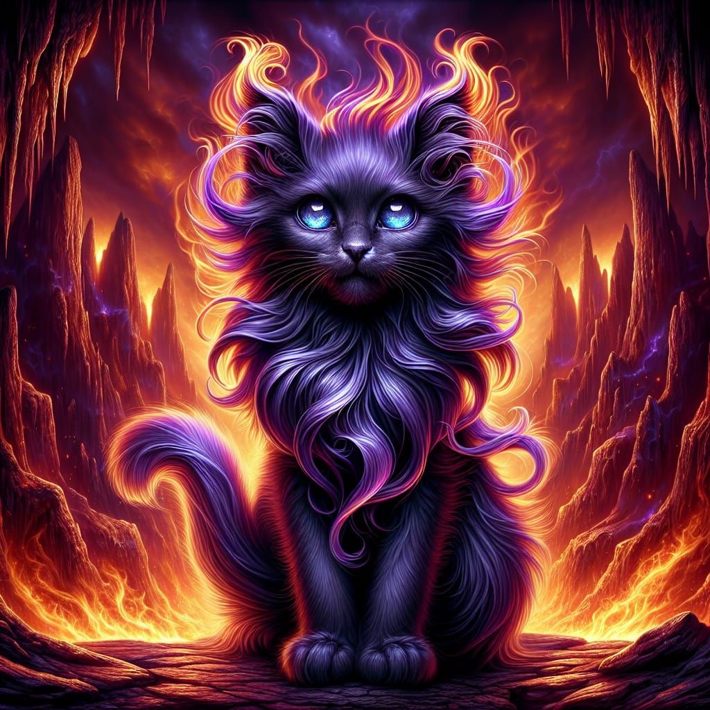 Enchanting Violet Kitten with Flames in Hellish Landscape