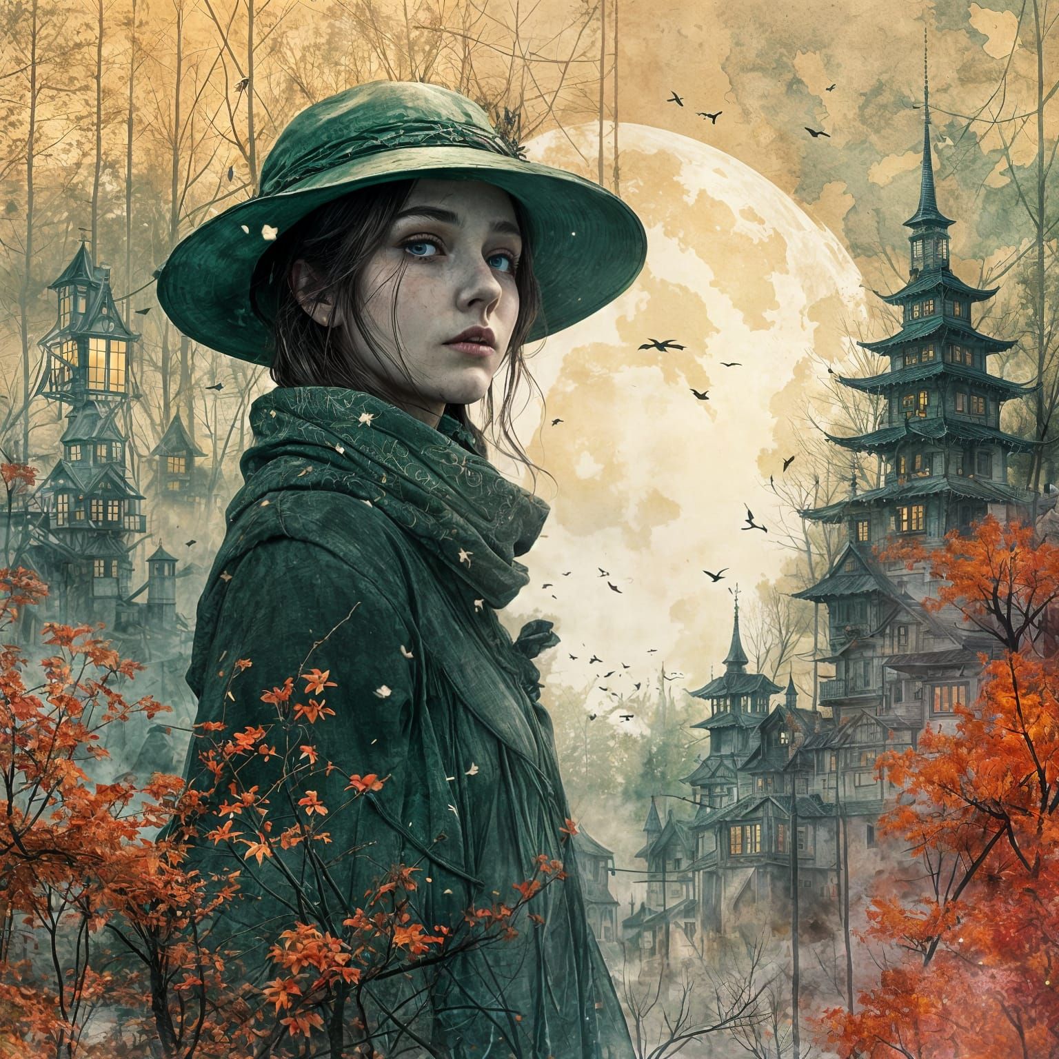 Enchanted Village Hat: Surreal Double Exposure Portrait