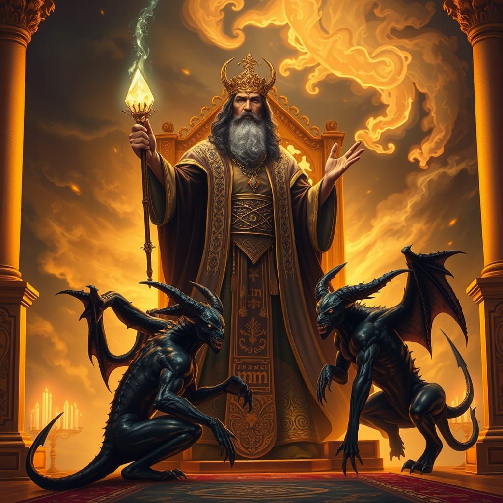 Enlightened King Solomon Commands Demons in a Golden Throne ...