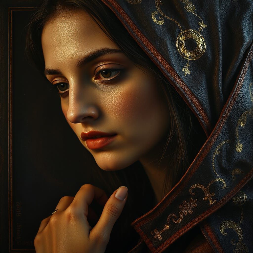 Ethereal Woman Lost in Thought, Velvet Shadows, Golden Accen...