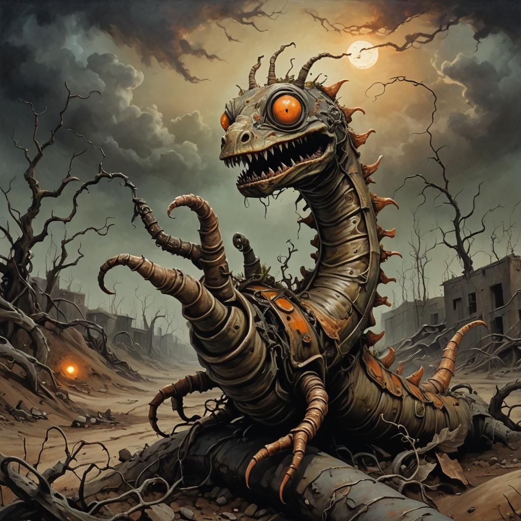 Dystopian Puppet Rides Mutant Worm in Surreal Wasteland
