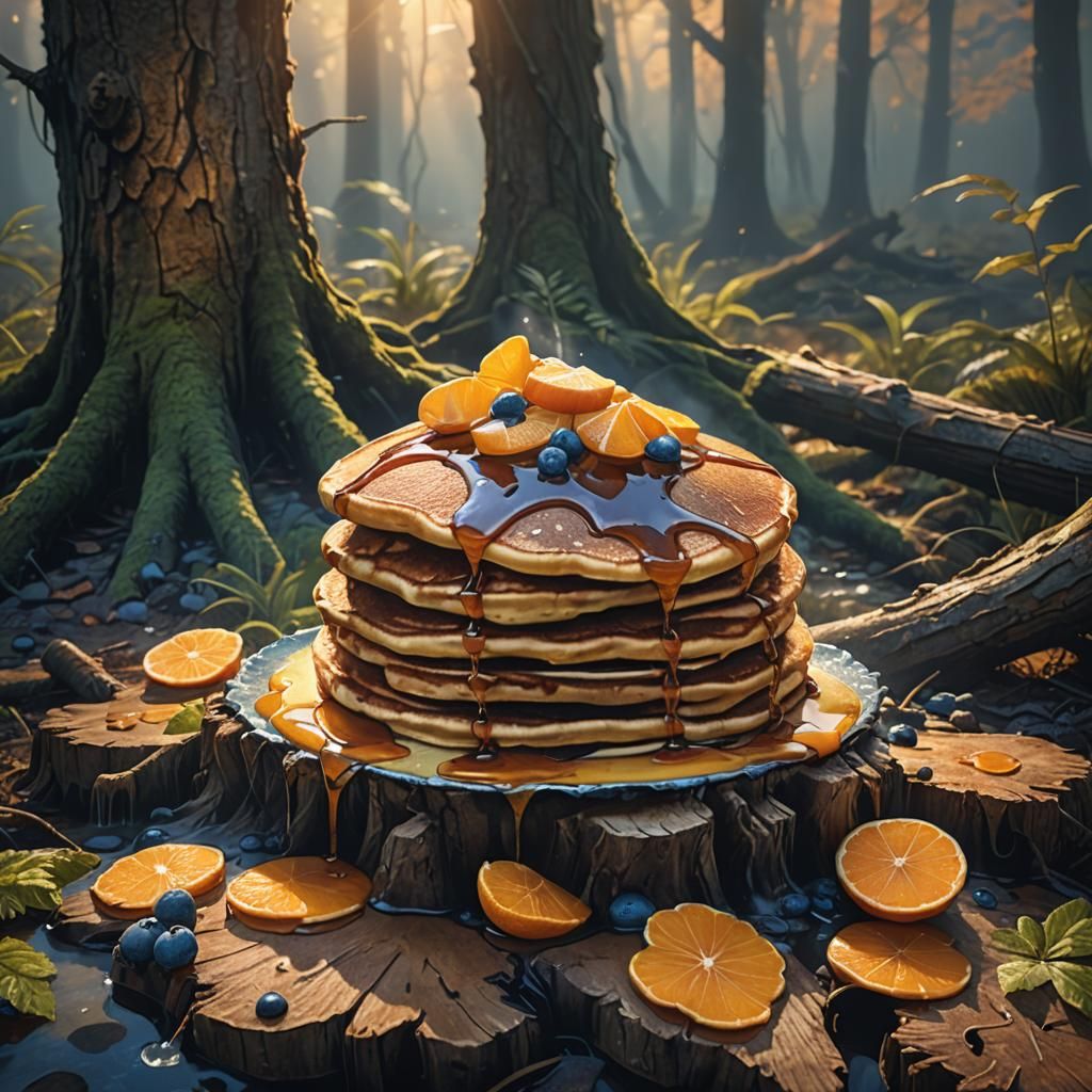 Mystical Forest Pancakes in Hyper-Realistic Digital Art